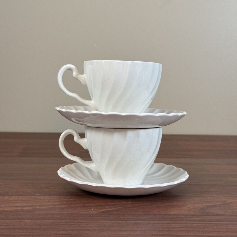 Johnson Brothers Snow White Regency Ironstone Swirl Cup & Saucer w/ CRAZING!